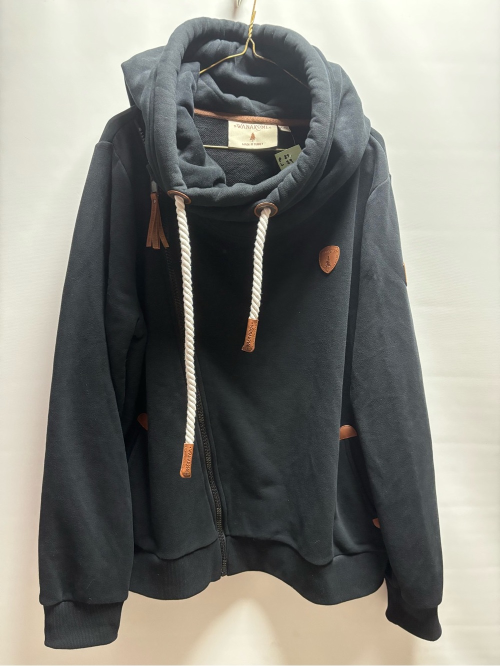 Wanakome Black Zip-Up Sweater with White Drawcords